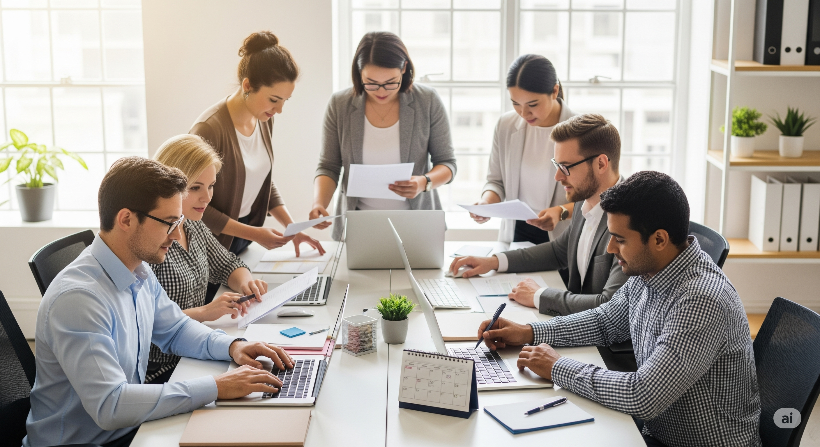 Diverse team members engaging in administrative tasks